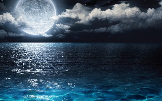 3D, облака, ночь, луна, океан