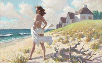 пляж, девушка, берег, Arthur saron sarnoff, вода, дом, купальник